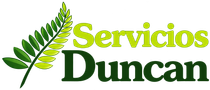 Logotipo de Servicios Duncan con una hoja verde y texto amarillo verdoso y verde oscuro sobre un fondo blanco.
