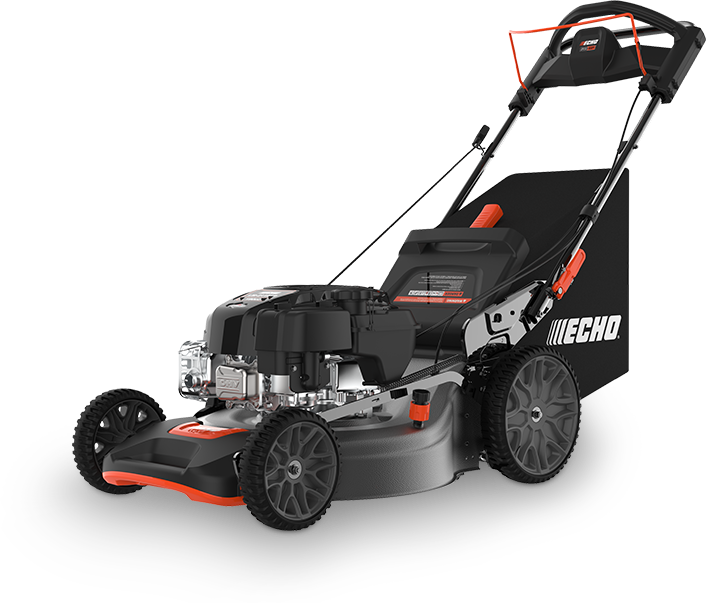 Black and orange Echo lawnmower with a grass collection bag.