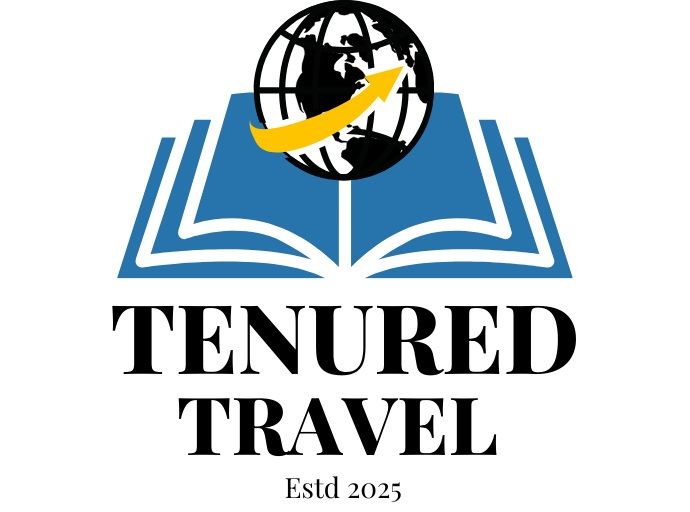 Logo for Tenured Travel, showing a blue open book, globe, and yellow airplane over black text, “Est’d 2025”