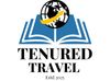 Logo for Tenured Travel, showing a blue open book, globe, and yellow airplane over black text, “Est’d 2025”