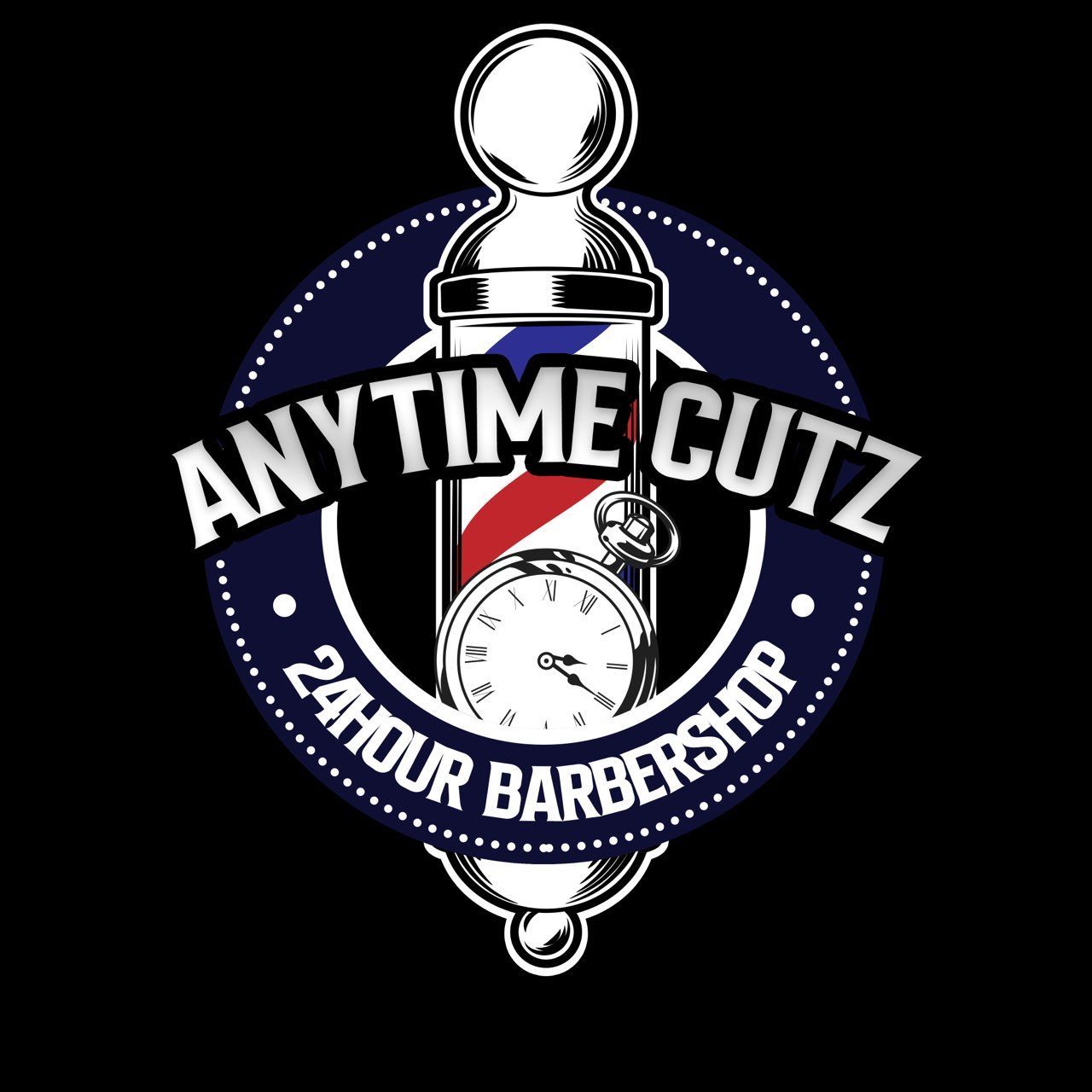The logo for anytime cutz 24 hour barbershop