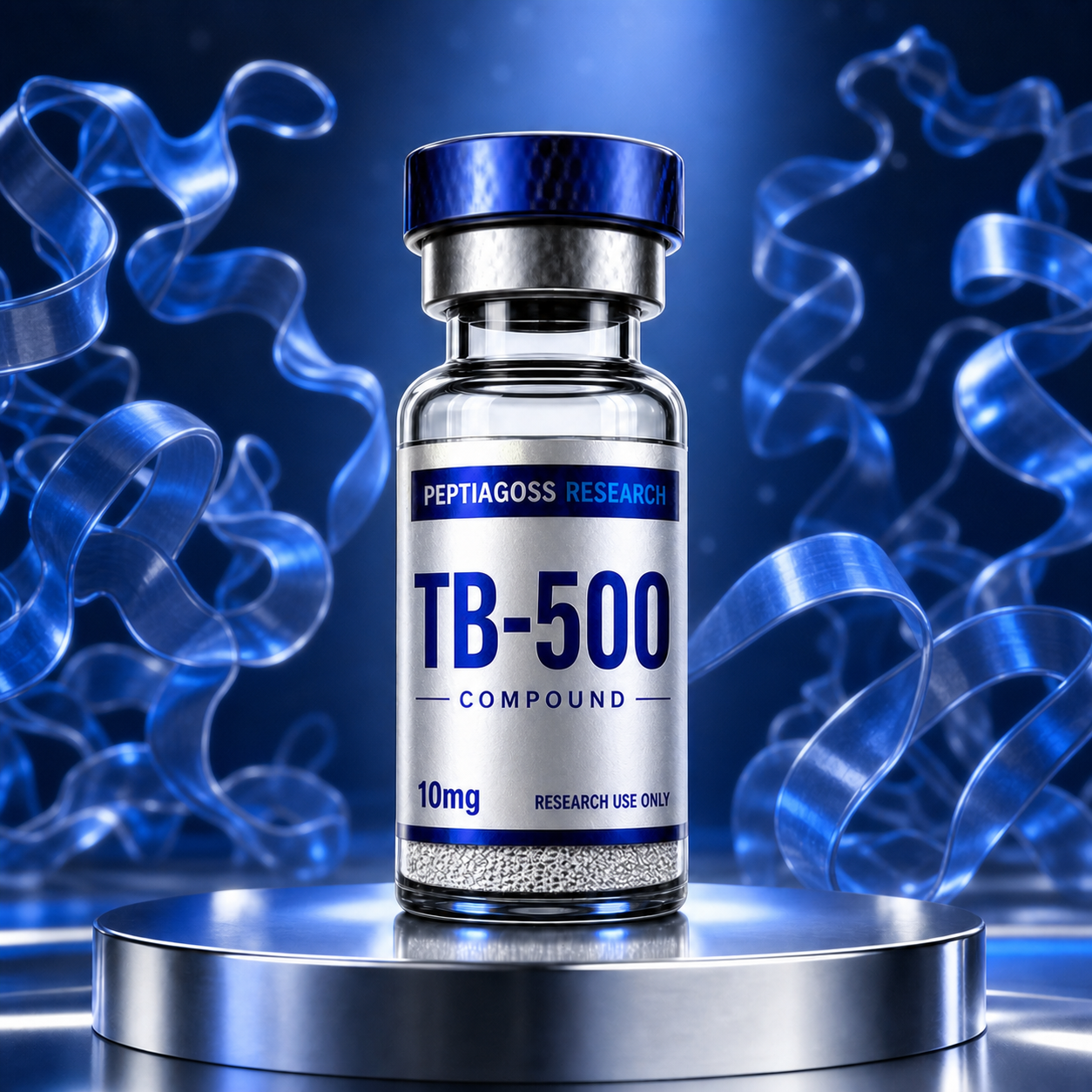PEPTIAGOSS Research PRB-TB500 vial on blue glowing background