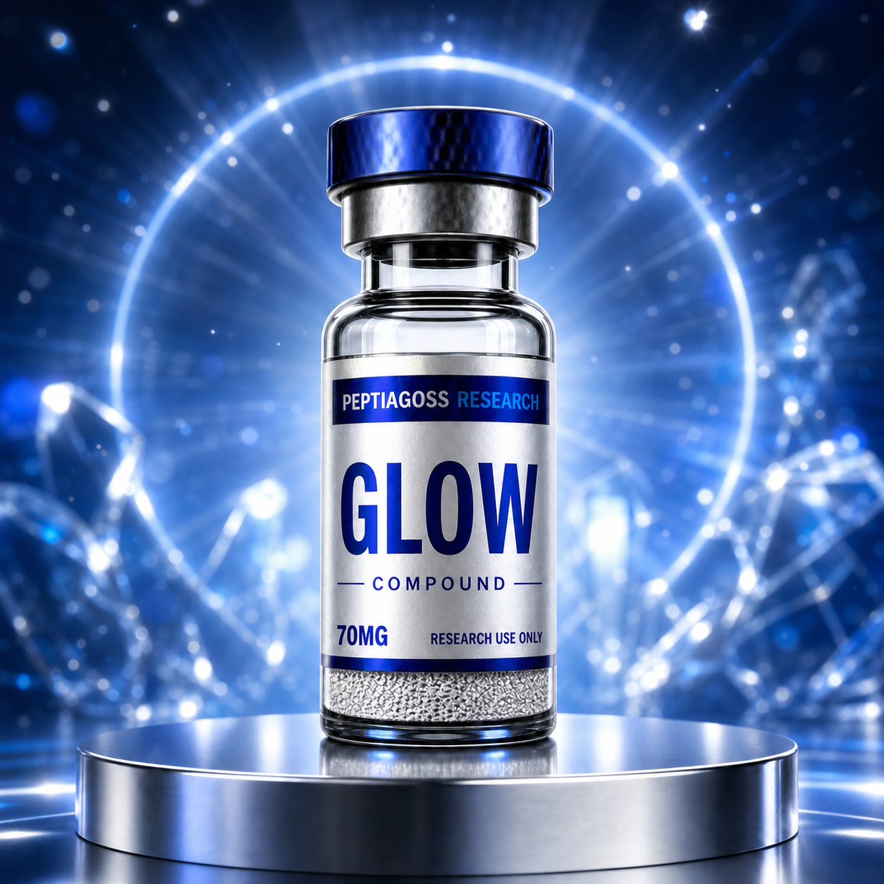 PEPTIAGOSS Research PRB-GLOW laboratory research material vial on a glowing blue background