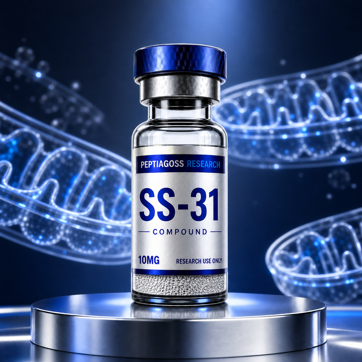PEPTIAGOSS Research PRB-SS31 vial on a blue glowing background with product branding