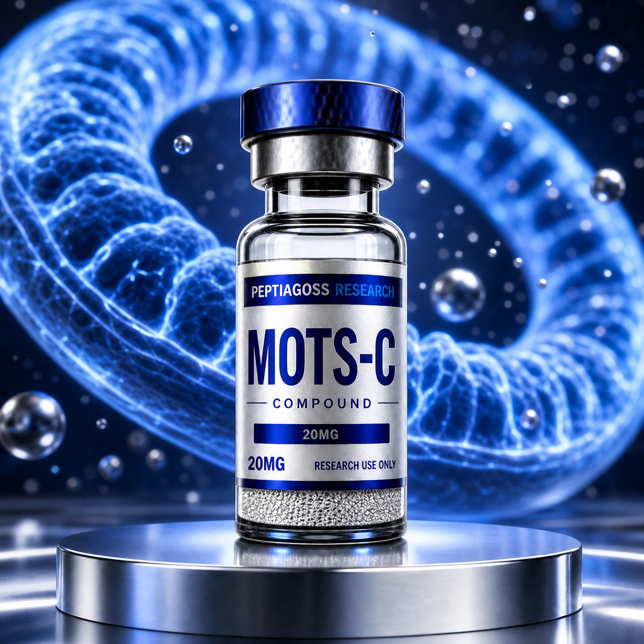 PEPTIAGOSS Research vial on blue-lit background, labeled PRB-MOT-C6.