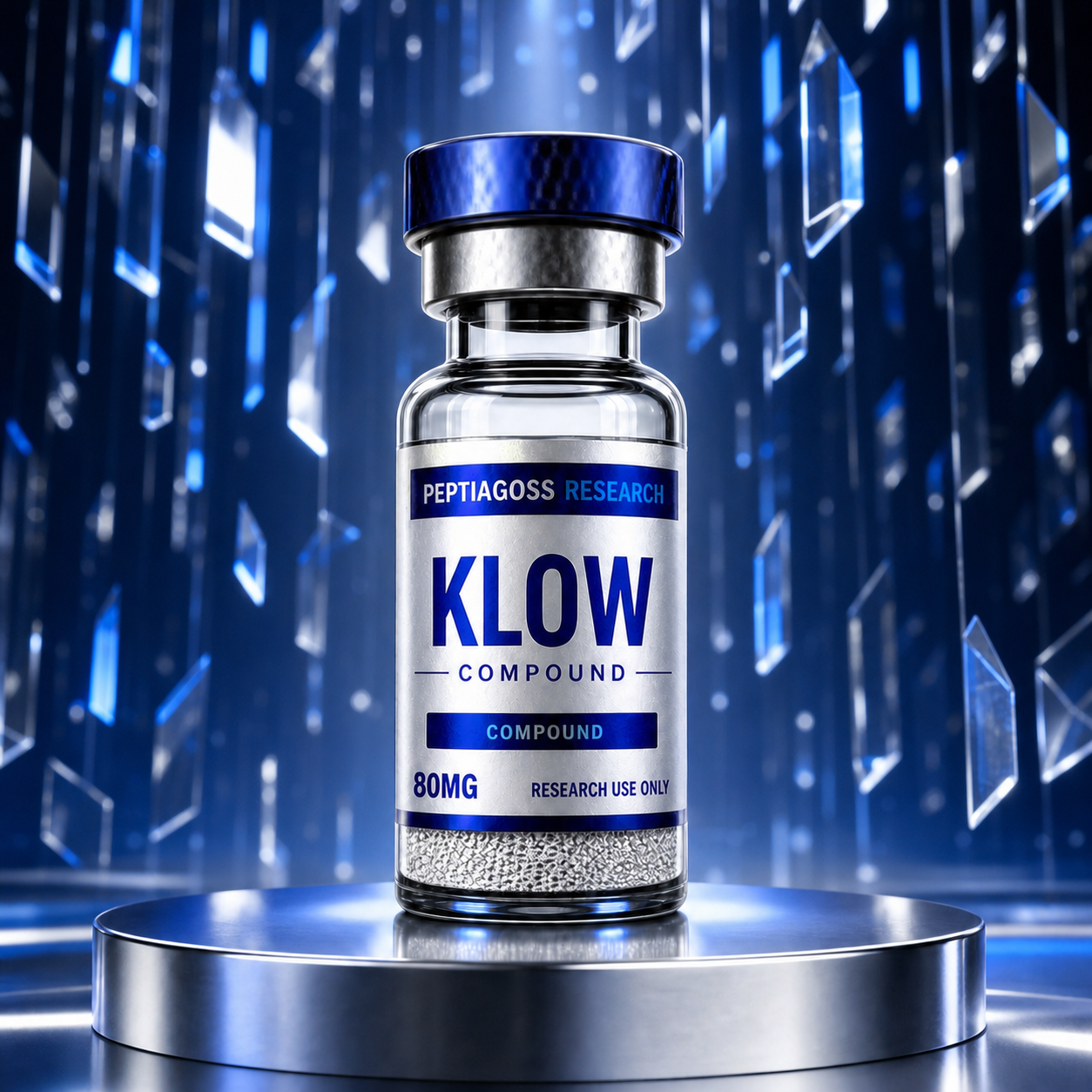 PEPTIAGOSS Research PRB-KLOW serum research vial on blue glowing background