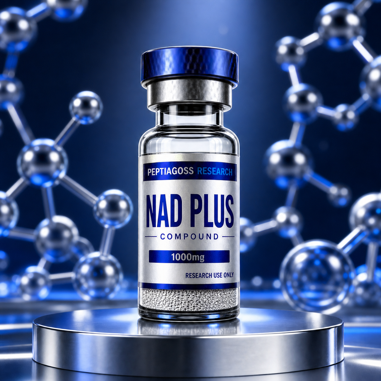 PEPTIAGOSS Research PRB-NAD+ vial on blue-lit black background, product label centered