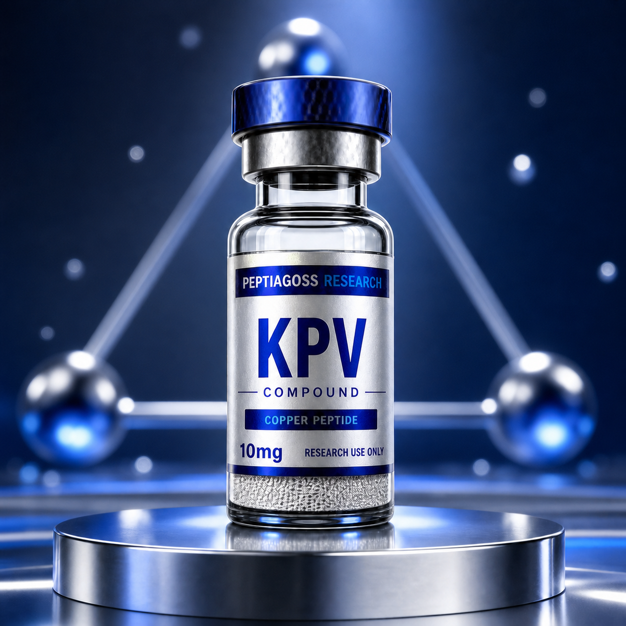PEPTIAGOSS Research PRE-KPV vial on glowing blue background with “Advancing Science, Empowering Discovery” text