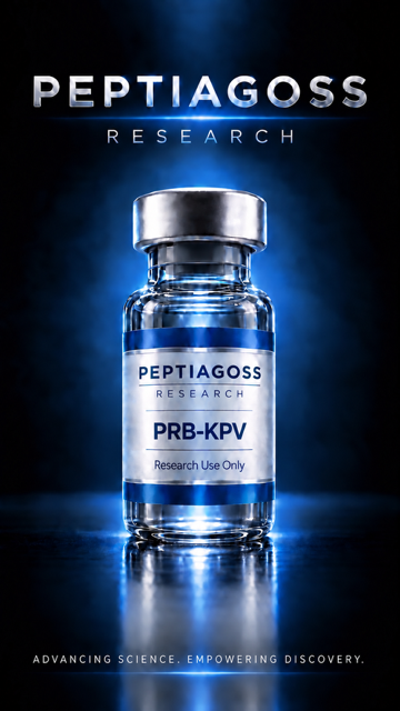 PEPTIAGOSS Research PRE-KPV vial on glowing blue background with “Advancing Science, Empowering Discovery” text