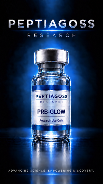 PEPTIAGOSS Research PRB-GLOW laboratory research material vial on a glowing blue background