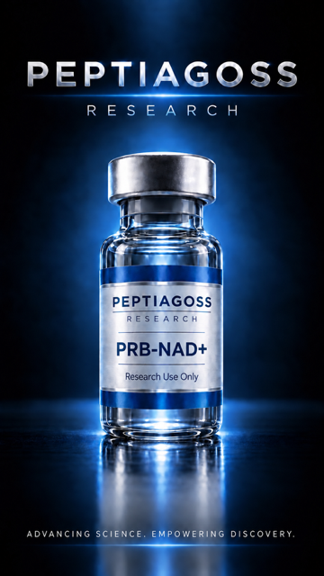 PEPTIAGOSS Research PRB-NAD+ vial on blue-lit black background, product label centered