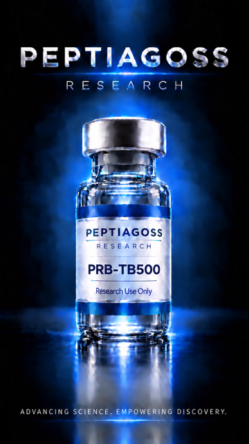 PEPTIAGOSS Research PRB-TB500 vial on blue glowing background