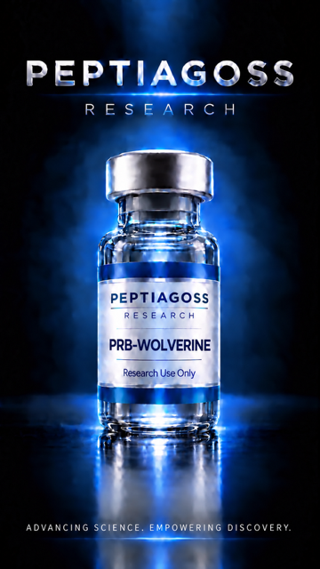 PEPTIAGOSS Research PRB-VOLVERINE laboratory research material vial on a blue glowing background