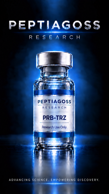 PEPTIAGOSS Research vial labeled PRB-TRZ glowing blue on a dark background