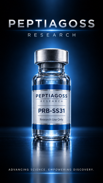 PEPTIAGOSS Research PRB-SS31 vial on a blue glowing background with product branding