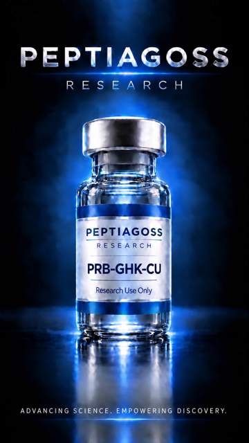 Peptagoss Research PRB-GHK-Cu serum research vial glowing blue on a dark background
