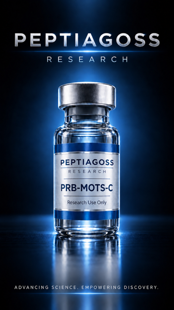 PEPTIAGOSS Research vial on blue-lit background, labeled PRB-MOT-C6.