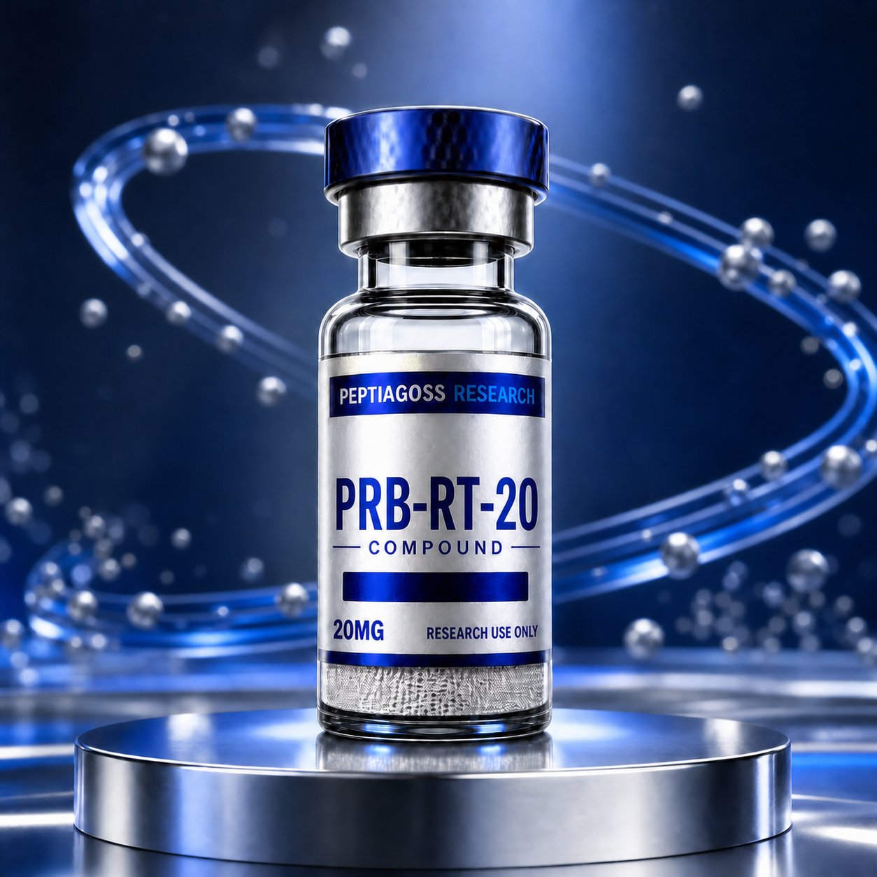 PEPTIAGOSS Research PRB-Rt vial on blue glowing background, with brand name above and below.