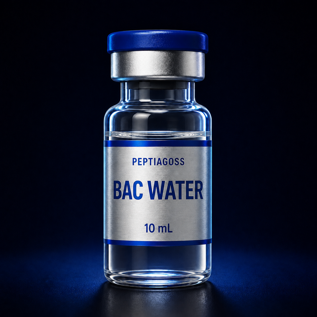 Small glass vial labeled “BAC WATER,” with blue cap and silver label on a dark background