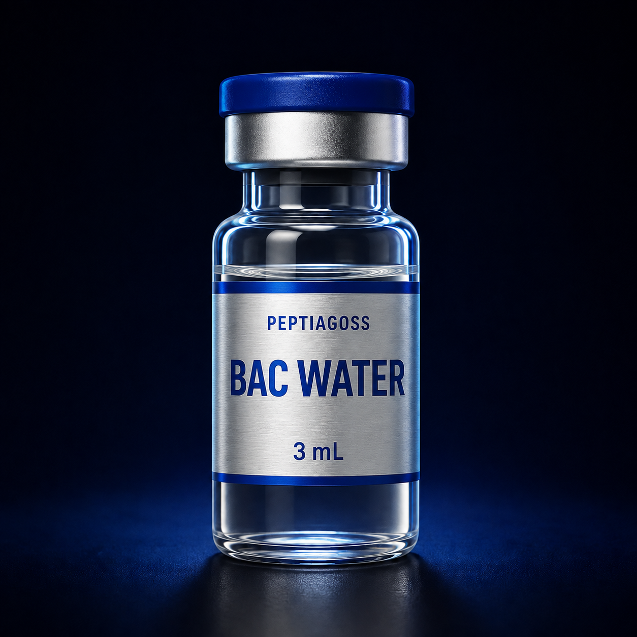 Small glass vial labeled “BAC WATER 3 mL” with a blue cap on a dark background