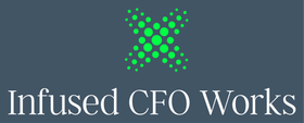 Logo of Infused CFO Works with a green dot X above the text on a dark blue background.