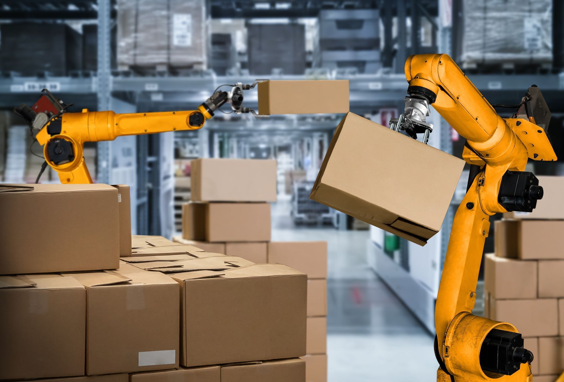 Two yellow robotic arms stacking cardboard boxes in a warehouse setting.