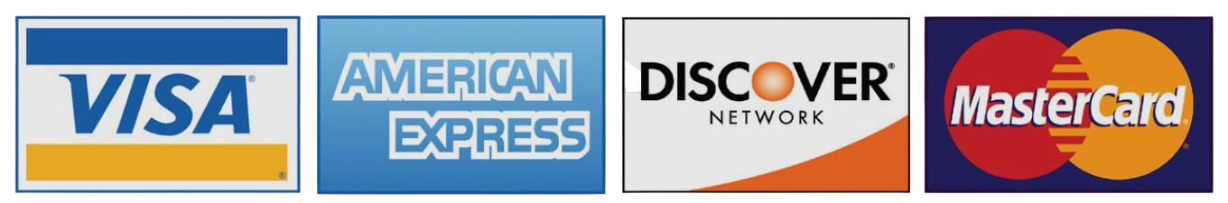 Visa, American Express, Discover, and MasterCard payment logos side by side.