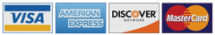 Visa, American Express, Discover, and MasterCard payment logos side by side.