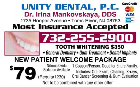 Dental office ad for Unity Dental, P.C. with Dr. Irina Mankovskaya, phone number, and new patient welcome package for $79