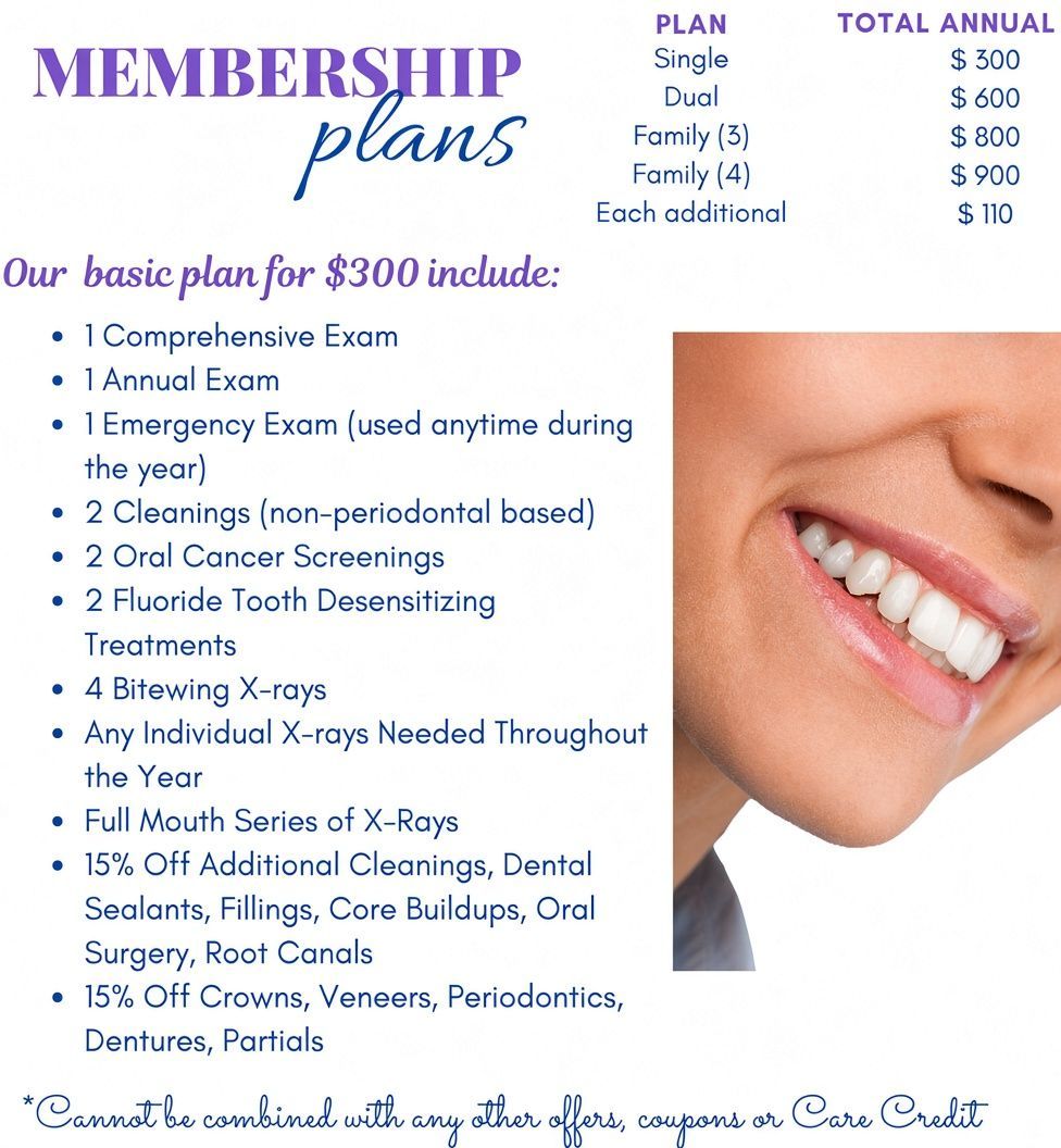 Dental clinic membership plan flyer with blue text, service list, and a smiling mouth photo