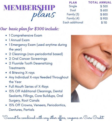 Dental clinic membership plan flyer with smiling mouth photo and blue-purple pricing details