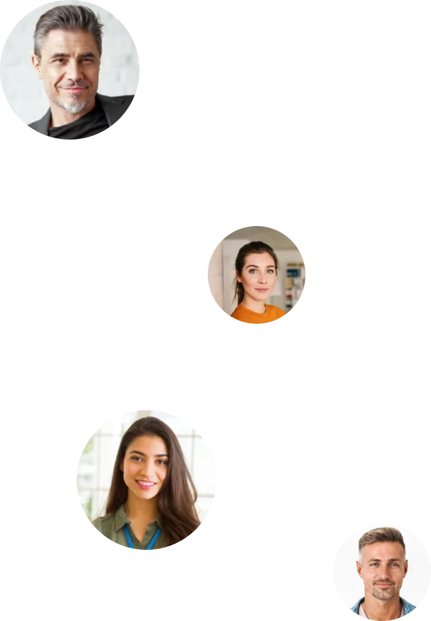 Four circular profile photos arranged diagonally on a white background.
