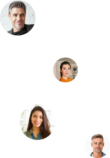 Four circular profile photos arranged vertically on a white background.