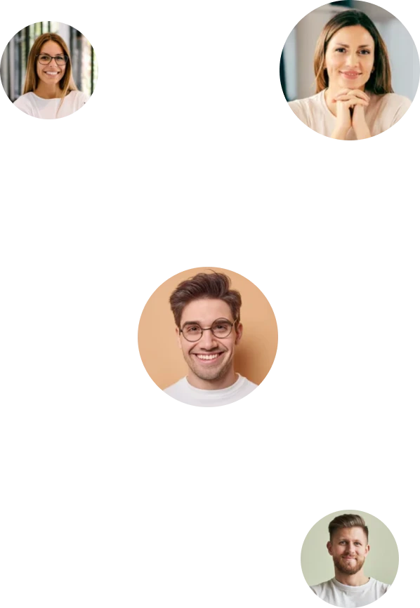 Four profile avatars arranged on a white background, each showing a smiling person in a circular frame