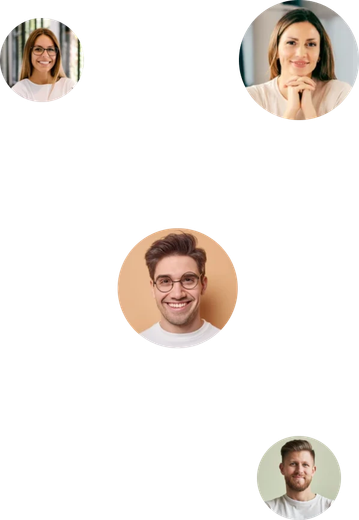 Four circular profile photos arranged on a white background, each showing a smiling person.