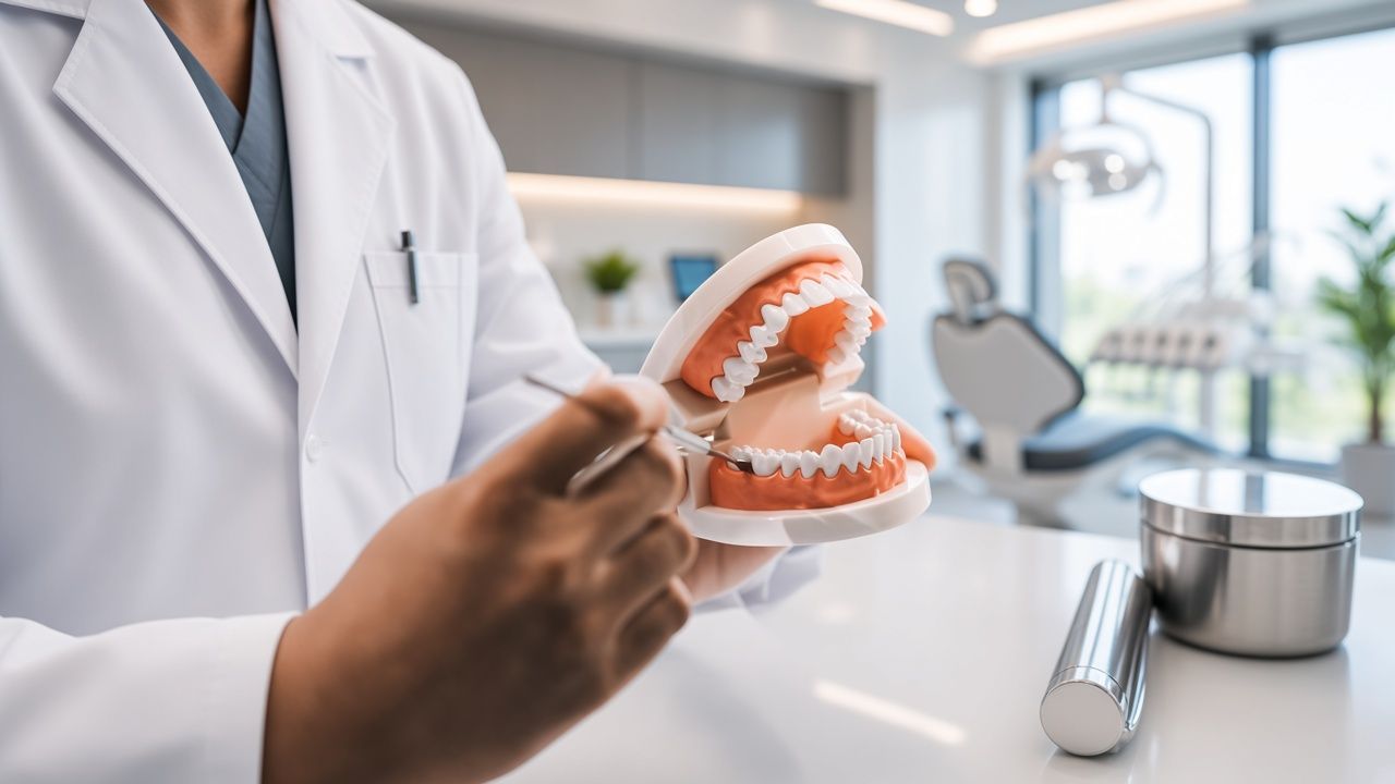 Dentist holding a dental model in a bright clinic, with dental tools on a counter nearby