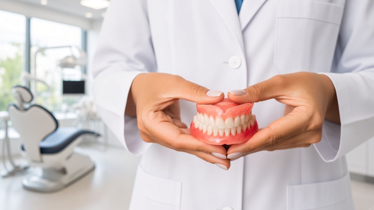 Dentist holding a model of teeth and gums in a bright dental clinic