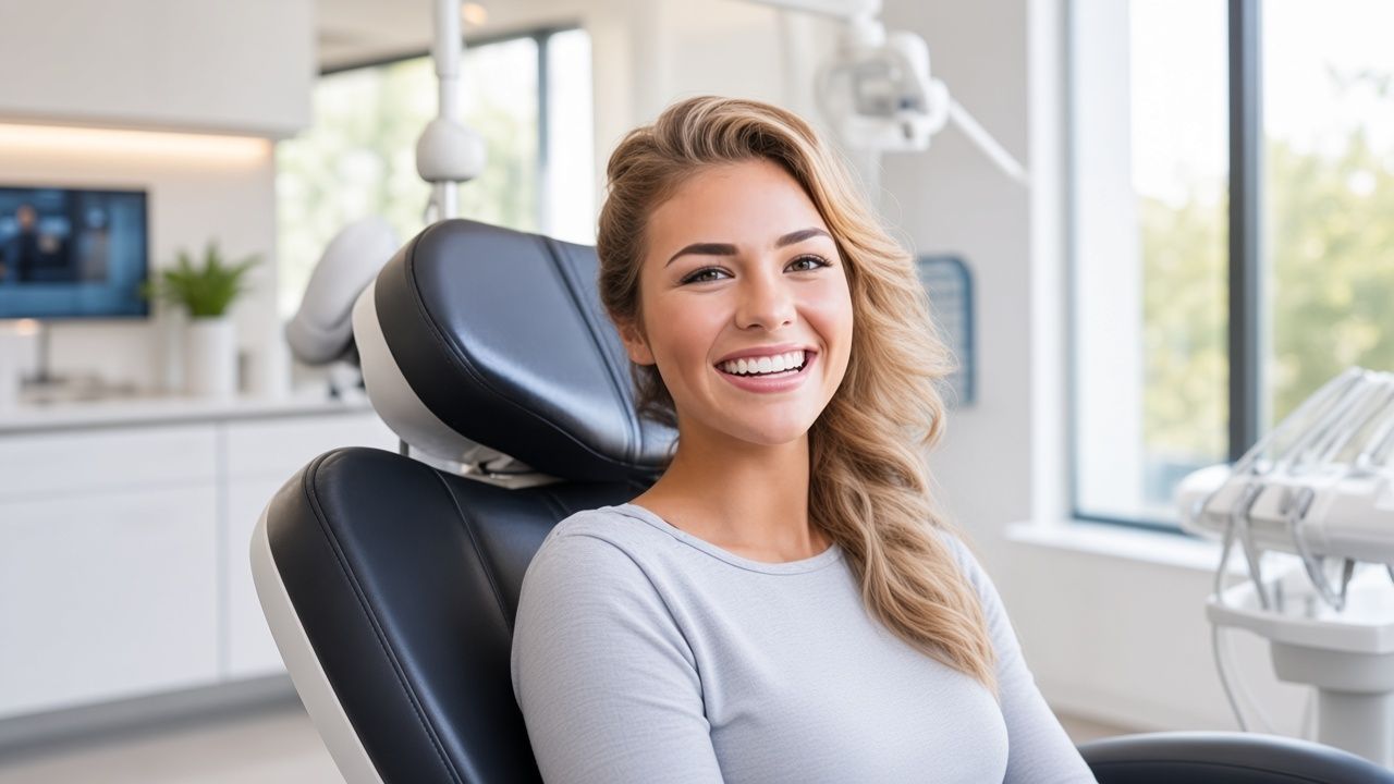 Smiling patient seated in a dentist chair in a bright dental office