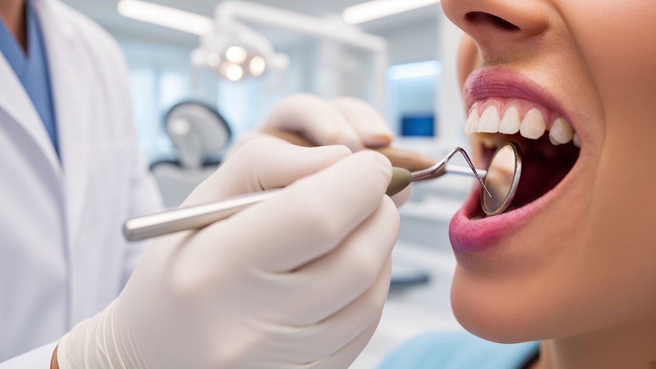Dentist examining a patient’s open mouth with dental tools and gloves in a clinic