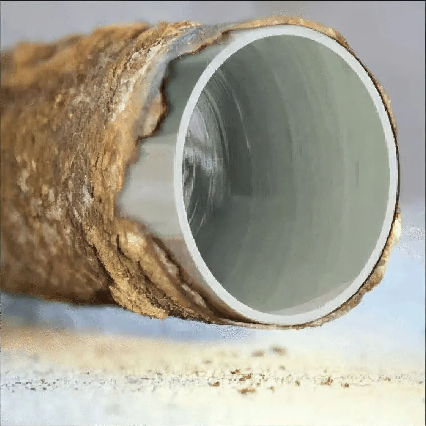 Close-up of a corroded metal pipe opening with rough rust and a gray interior
