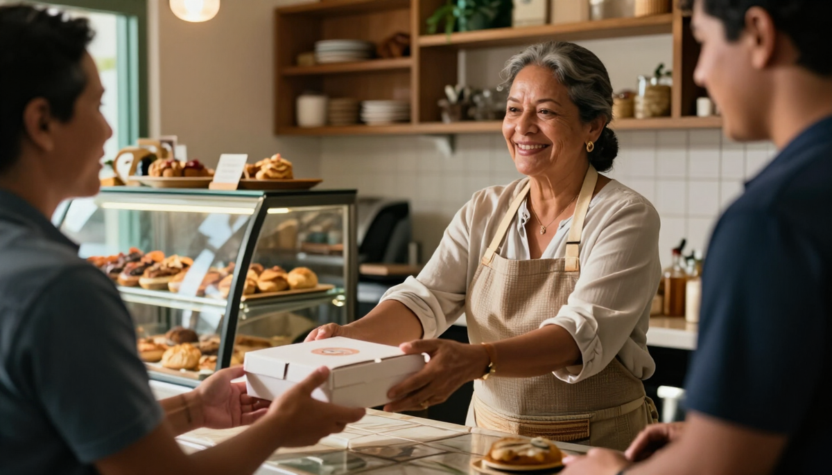 Uma dona de cafeteria atende um cliente — imagem conceitual