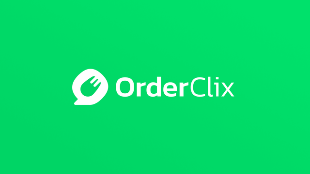 OrderClix logo on a bright green background with a white speech bubble and fork icon