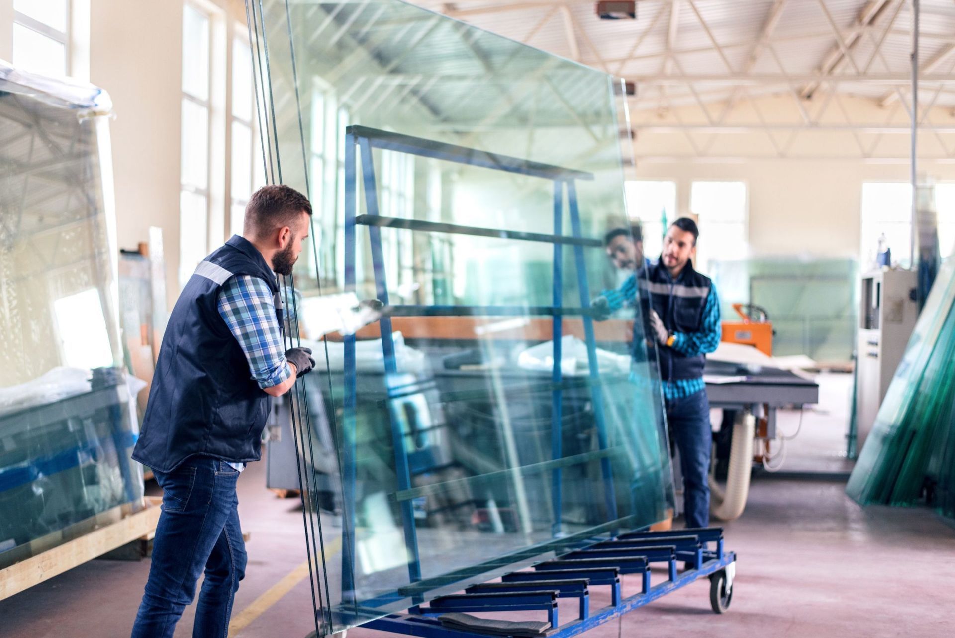 Workers moving large glass panes in a bright workshop