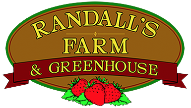 A logo for randall 's farm and greenhouse with strawberries on it.