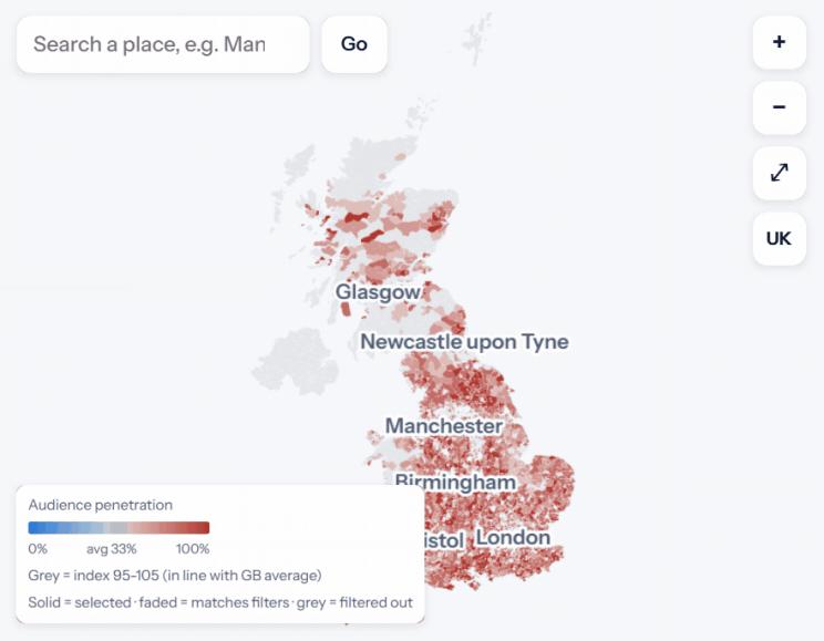 Pinsight platform: an audience map of Great Britain zooming in on high-potential areas
