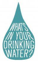 Teal water droplet with the words 