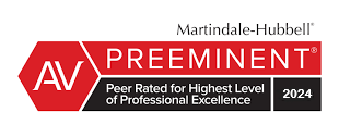 A red and black logo that says av preeminent peer rated for highest level of professional excellence