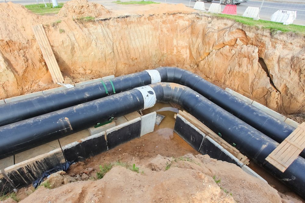 Black Pipes in a Trench, Possibly for Utilities, With Sand — Chad Warrington Plumbing In Salamander Bay, NSW