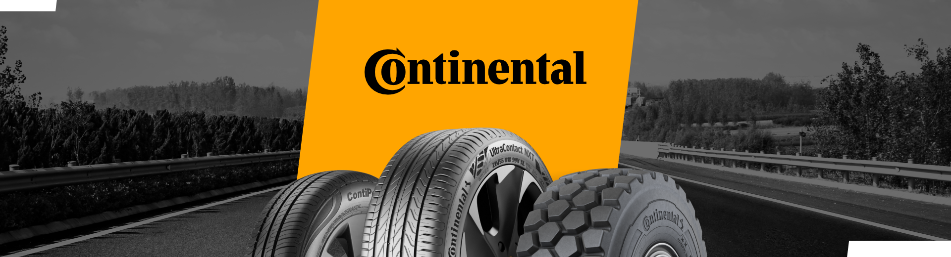Pneus Continental expostos em uma estrada com fundo amarelo.