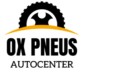 Logotipo da Ox Pneus Autocenter: um gráfico de pneu sobre um arco, com o nome da empresa e